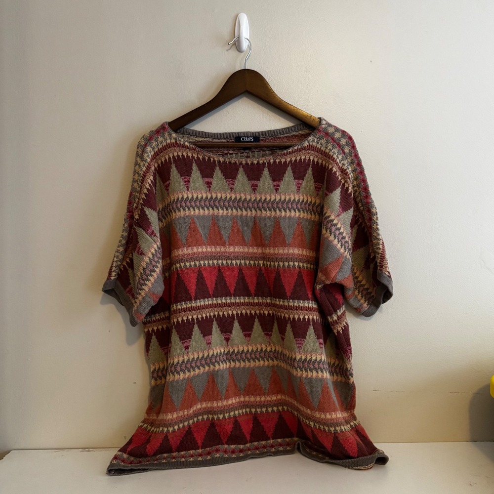 VTG Women's Sz 3x Multicolor Short Sleeve Sweater Fall 100% Cotton Boho Indie